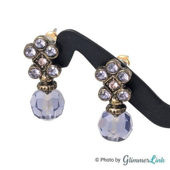 1928 Jewelry - 1928 Dainty Purple Crystal Flower Tiered Bronze Tone Pierced Stud Earrings